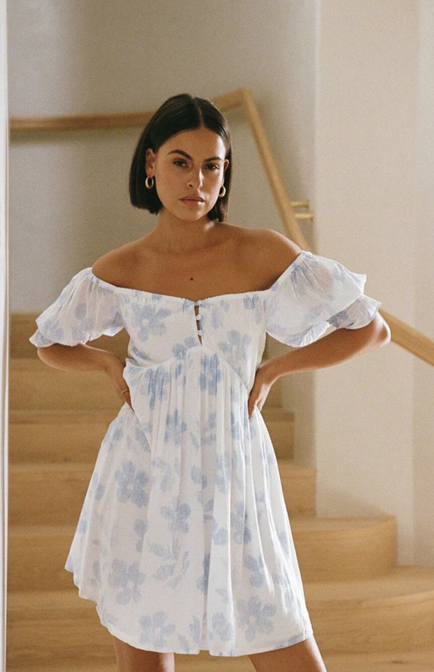 Sabo Birdie Mini Dress Blue Floral Puff Sleeve Babydoll Size: XS